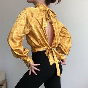 Yellow Satin Open Back High Neck Balloon Sleeve Button Up Sleeve Top S